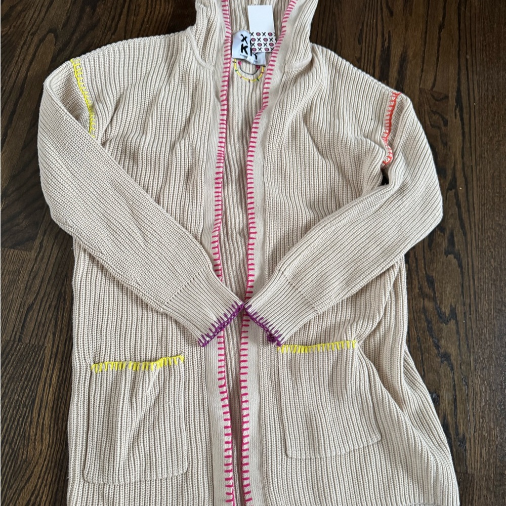 Kerrie Rosenthal natural color Hooded Cardigan with Colorful  overcast Stitching